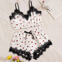 Home Clothing Lace Satin Cami Print Heart Shorts Women Pijamas Sexy Sleepwear Set Eyelash 2024 Spring Summer Ladies Short Nightwear 2 PCS