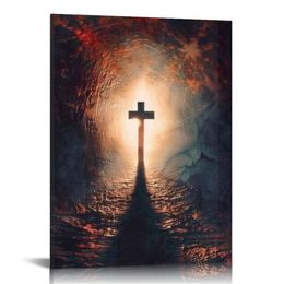 Christian Cross Wall Art Canvas Art Jesus Christian Wall Decor Jesus Cross Picture Print Jesus Christ Painting for Bedroom Decoration Poster with Frame Ready to Hang