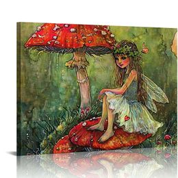 Vintage Giclee Artwork Elves and Mushroom Picture Prints Wall Art on Canvas, Colorful Fairy Tale Paintings for Bedroom, Living Room Decoration