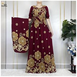 Summer Muslim Abayas Fashion For Women Floral Elasticity Loose Femme Elegant Robe Maxi African Casual Dresses With Turban 240529