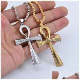 Pendant Necklaces Egyptian Ankh Crucifix Pendants With Chain Metal Symbol Of Life Cross Necklace Gold Sier Fashion Design Punk Hip Hop Dhy3R