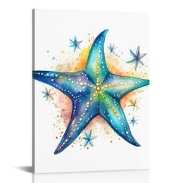 Bathroom Wall Decor Teal Watercolour Starfish and Seashell Conch Wall Art Sea Creatures Pictures Ocean Theme Canvas Prints for Bedroom Home Artwork Decor Paintings