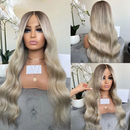 Peruvian Hair Highlight Brown Lace Front Wig Long Wavy Synthetic Lace Wigs For Women Middle Part Highlight Blonde Glueless Ombre Lace W Texr