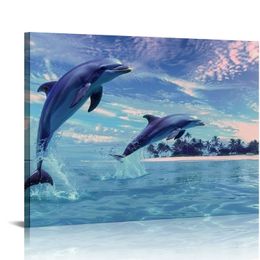 Blue Dolphin Canvas Wall Art Blue Sky Beach Seascape Wall Painting on Canvas for Home Office Kitchen Bathroom Room Ocean Wall Pictures for Living Room Decor 20x16 INCH