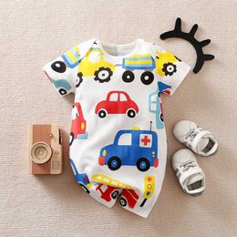 Rompers White car printing baby romper One-piece cotton round collar Summer short sleeve For Toddler Outfits Newborn Baby boys Jumpsuit Y240530VGSM