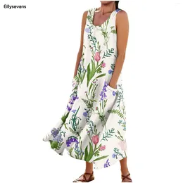 Casual Dresses Vintage Floral Printed Women Sleeveless Dress Summer Loose Beach Long Ladies Bohemian Maxi Party Vestidos