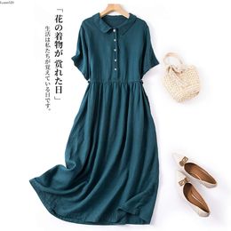 New cotton and linen Korean version dress for women 2024 spring/summer short sleeved shirt collar artistic loose single breasted long skirt