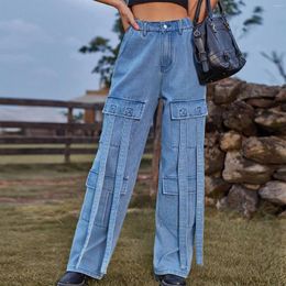 Women's Jeans Vintage Elastic High Waist For Women Fashion Personalised Pocket Denim Cargo Pants Casual Loose Female 2024