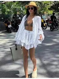 Work Dresses Stylish Lady Elegant Hollow Out Lace White Summer Shirt With Skirt Women 2024 Fashion Pleated Short Loose Tops Suits