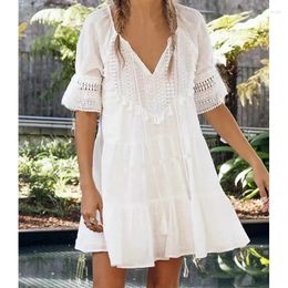 Party Dresses AYUALIN Casual Lace Up Tassel O-neck Mini Summer Boho Beach Wear Vestidos White Short Sleeve Dress For Women Robe