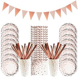 Rose gold Party Disposable Tableware Set Dot White Plate Straw Paper Cup Banner Birthday Baby Shower Wedding Decoration 240530