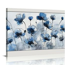 Framed Flowers Canvas Wall Art - Indigo Floral Canvas Pictures, Living Room Wall Decor, Botanical Canvas Prints Painting Abstract Artwork Bedroom Office Home Decor