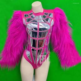 Stage Wear Rose Red Fur Mirrors Bodysuit Sexy Gogo Dance Costumes Women Festival Outfit Nightclub Dj Performance
