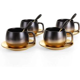 European Style Tea Coffee Cup Set Black Gold Gradual Vintage Ceramic Mug With Spoon Saucer Used 240523