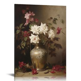 Print Canvas Wall Art Vintage Still Life with Roses Antique Floral Painting Moody Flower Fine Print Farmhouse Decor Kitchen Dining Room Wall Decor