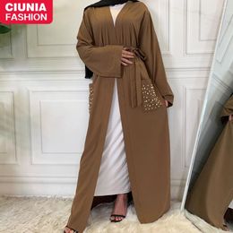 Ethnic Clothing Ramadan Kimono Abayas For Women Muslim Fashion Pearls WithPockets Modest Robe Dubai Kaftan Turkey Long Dresses Islamic