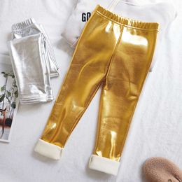 Autumn Winter Children Pants Gold Sier Faux Leather Plush Veet Pant Girls Shiny Keep Warm Trousers Kids Leggings L2405