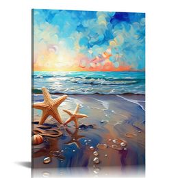 Beach Seashell Starfish Wall Art: Blue Ocean Beauties Artwork Print on Wrapped Canvas for Living Room