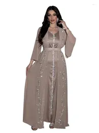 Ethnic Clothing Eid Muslim Party Dress For Women Abaya 2 Piece Set Chiffon Diamond Ramadan Long Belt Kaftan Vestidos Largos Robe Jalabiya