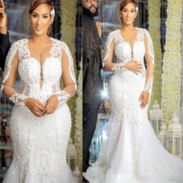 2021 Plus Size Arabic Aso Ebi Mermaid Lace Beaded Wedding Gowns Long Sleeves Sexy Vintage Tulle Bridal Dresses ZJ174 245J