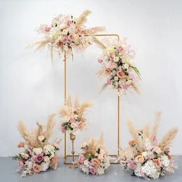 Decorative Flowers Champagne Wedding Wrought Iron Arch Floral Set Artificial Flower Dried Reed Window Layout Background