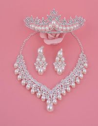 Bride Crystal Pearl Costume jewelry sets New Design Rhinestone Choker Necklace Earrings Tiara Bridal Women Wedding Jewelry Set2341613
