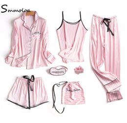 Smmoloa Women Sexy Silk Satin Striped Pajamas Set 7Piece Spring Summer Sleepwear Pyjamas Sets5614396