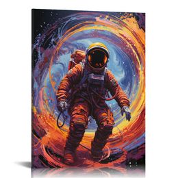 Space Canvas Wall Art Decor Astronaut Exploring Outer Space Print Painting Framed Ready to Hang for Kids Room Child Bedroom Home Decorations