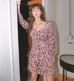 Casual Dresses 2024 Spring Long Sleeve Women Leopard Printed Chiffon High Waist Dress Drawstring Lace-up Pink French Style