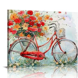 Czerwony rower malarstwo kwiatów ścian sztuki akwarelowe rower streszczenie z kwiatowymi bukietami dzikie kwiaty płócien