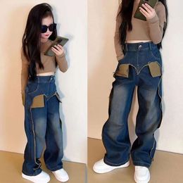 2023 Casual Style Jeans For Girl Teenage Clothes Elastic High Waist Denim Wide Leg Pants Spring Big Kids Straight Trousers 5-14Y L2405