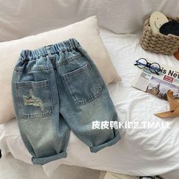 1-7yrs Kids Hole Hole Spring Autumn 2024 New Children's Ripped Jeans Boys Koreandopers Baby Girl Pants