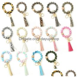 Keychains & Lanyards Custom Sile Beads Elastic Bangle Bracelet Keychain Leather Tassel Silebeadsbracelet Wristlet Drop Delivery Fashi Dhroc