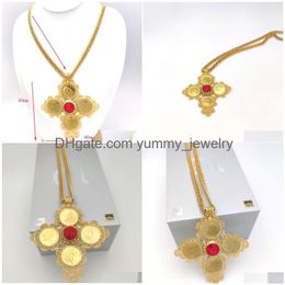 Pendant Necklaces Big Coin Cross Pendants Necklace 22K Gold 18Ct Thai Baht G/F Cuban Double Curb Chain Solid Heavy Jewellery Red Cz Drop Dhvjw