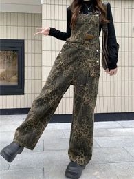 Women's Jeans Leopard Cowboy Overalls Vintage Women High-Waist Wide Legs Pants Korean High Street Spring And Summer Retro Wide-Leg