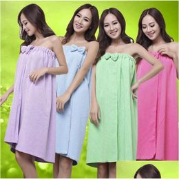 Bath Towel Wholesale Women Absorbent Microfiber Fleece Shower Spa Body Wrap Wearable Bow Tie Skirt Skirts Hat Sets 145X75Cm Drop Deliv Dh9Zk