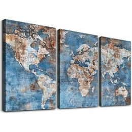 World Map Wall Art Poster On Canvas Modern Abstract Large Painting Pictures Framed With Blue Color For Living Room Decor 12''x16''X3 Panels