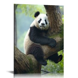 Black and White Animal Panda Wall Art, Cute Panda Poster Picture Canvas Prints Green Painting Wall Decor for Bedroom Bathroom Nursery Artwork Home Decoration