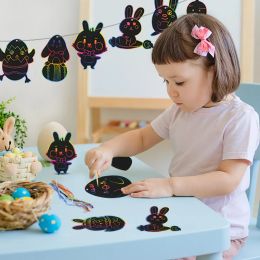 12pcs Easter Magic Scratch Art DIY Painting Crafts Kids Gift Toys Easter Decor Bunny Chick Colourful Scratch Painting Stencil