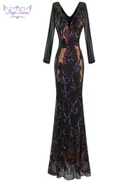 Angel-fashions Women's Deep V Neck Sequin Illusion Long Sleeves Maxi Mermaid Vintage Evening Dresses Black LJ2011232352972