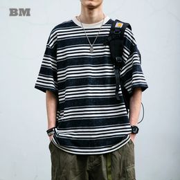 Korean Fashion High Quality Cotton Striped T-Shirt For Men Clothing Summer Harajuku Casual Short Sleeve Tee Streetwear Tops 240530