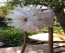 2015 Big Flowers Crystal Beads Romantic Hand Made Tulle Ruffles Chair Sash Chair Covers Wedding Decorations Wedding Accessories7666468