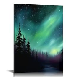 Northern Light Canvas Prints Wall Art Green Aurora Borealis Fastancy Scenery Picturs Painting Modern Stretched & Framed Canvas Painting Ready to Hang