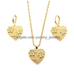 Earrings & Necklace Love France Rd Charm Pendant Earring Flower Heart 18 K Yellow Fine Thai Baht G/F Solid Gold Dangling Set Jewellery Dhkyo