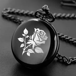 Pocket Watches Vintage Laser Rose Design Smooth Steel Quartz Watch For Women Men Fob Chain Roman Number Dial Pendant Gifts