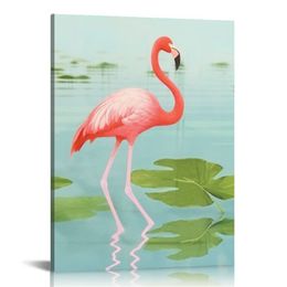 Flamingo Wall Art lotus Leaf Pictures Wall Decor Pink Birds on the Water Canvas Prints Paintings Wood Animals Artwork for Bedroom Bathroom Home Decoration