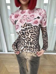 Women's T Shirts Retro Do Old Rose Leopard Print Bottoming Tops Casual Versatile Y2k Tight Round Neck Long-sleeved Women 2024 Spring