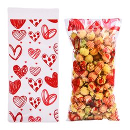 Self Adhesive Plastic Bags Heart Printed Transparent Cellophane Bag Happy Valentines Day Wedding Party Packaging Supplies 50pcs