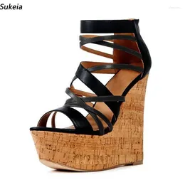 Sandals Sukeia Handmade Women Summer Platform Ankle Strap Wedges High Heels Round Toe Black Party Shoes Ladies US Plus Size 4-20