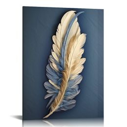 Blue Feather Paintings Wall Art Abstract Canvas Nordic Poster and Prints Wall Art Picture for Living Room Luxury Decor with gold frame
